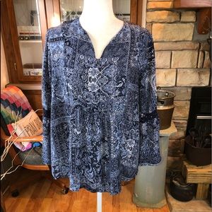 NEW DIRECTIONS SIZE LARGE BLUE BOHO STYLE BLOUSE